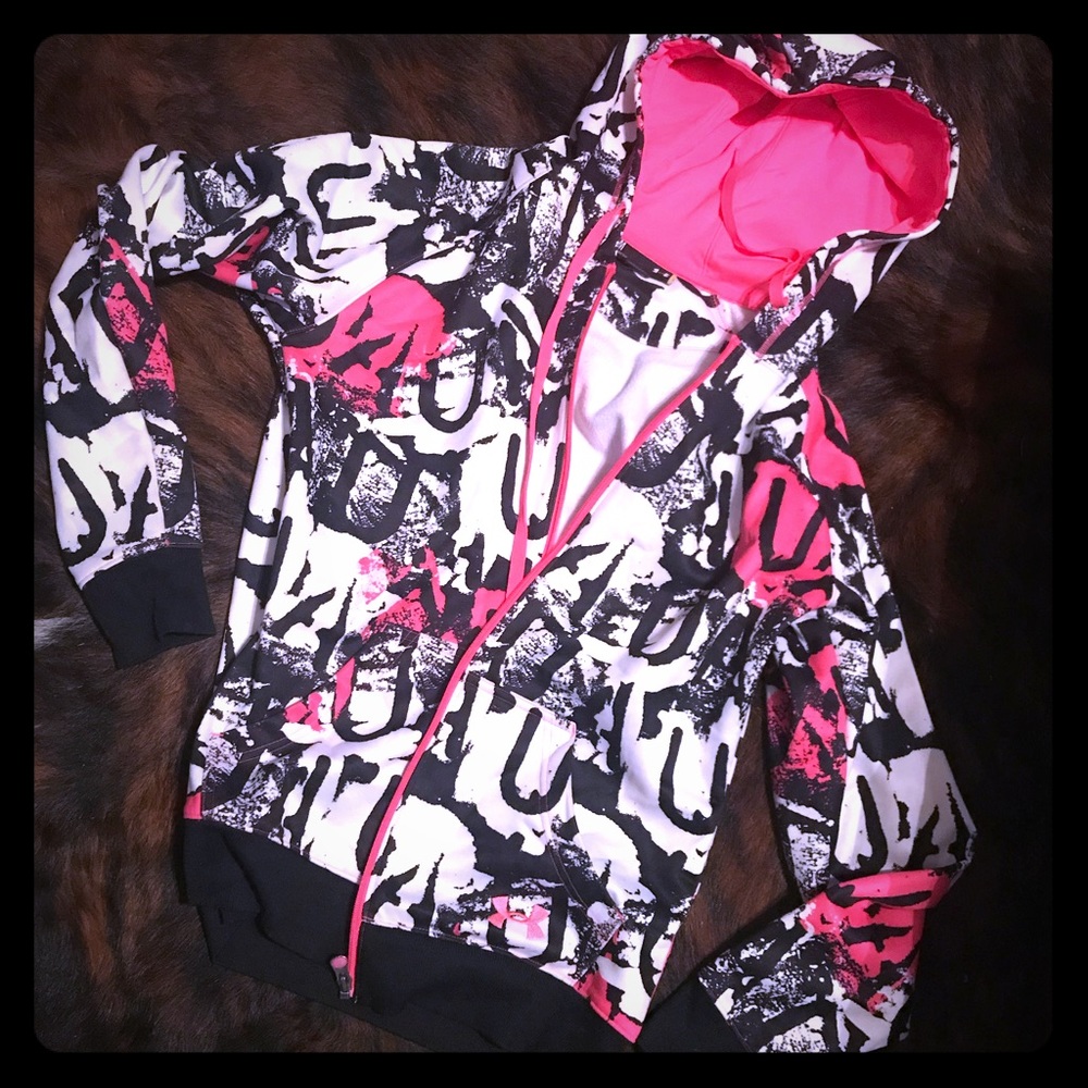 Under Armour Black White Pink Graphic Bomber-Style Hoodie Jacket